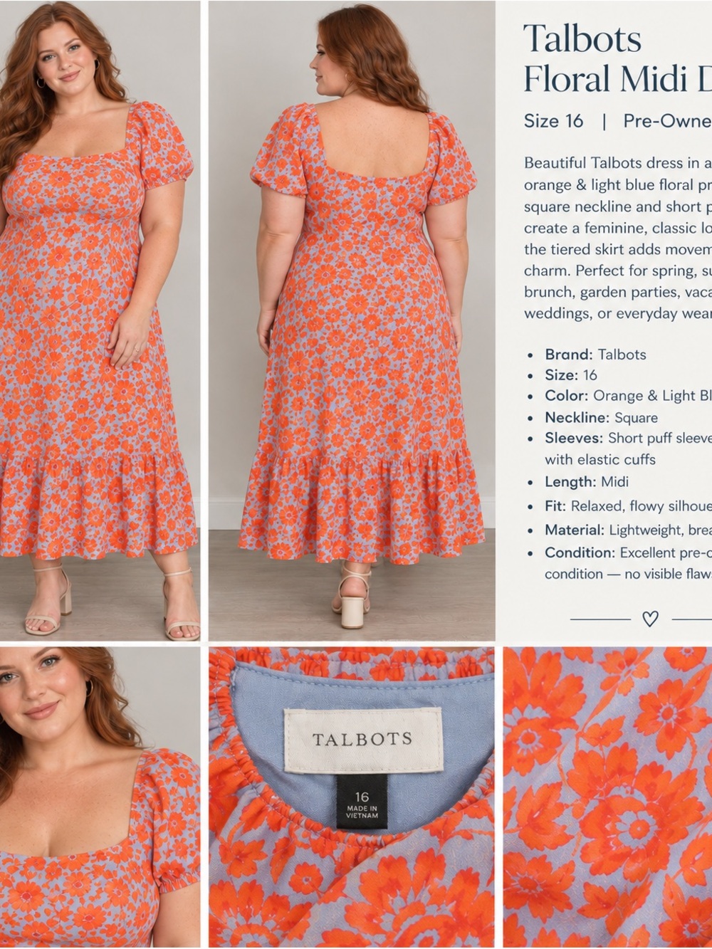 Talbots Puff Sleeve Poplin Dress in the orange and light blue "Jacobean" floral